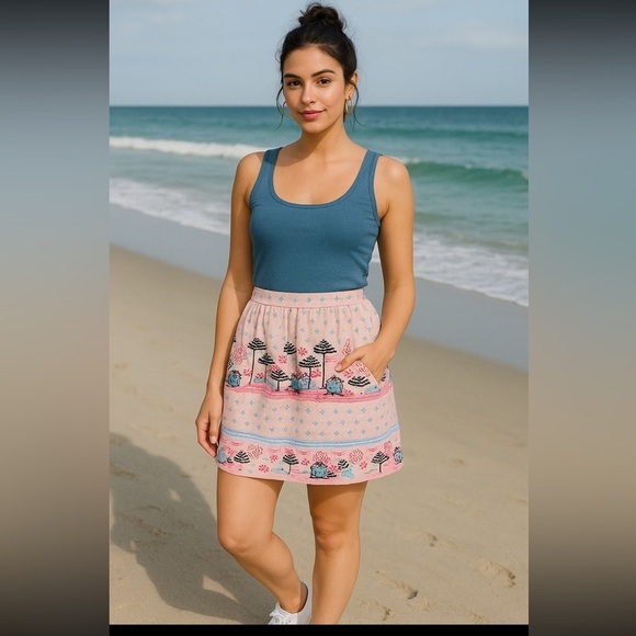 Lauren Conrad Pink Scenic Mini Skirt | A-Line Rayon Size M with Pockets Beach - Picture 2 of 2